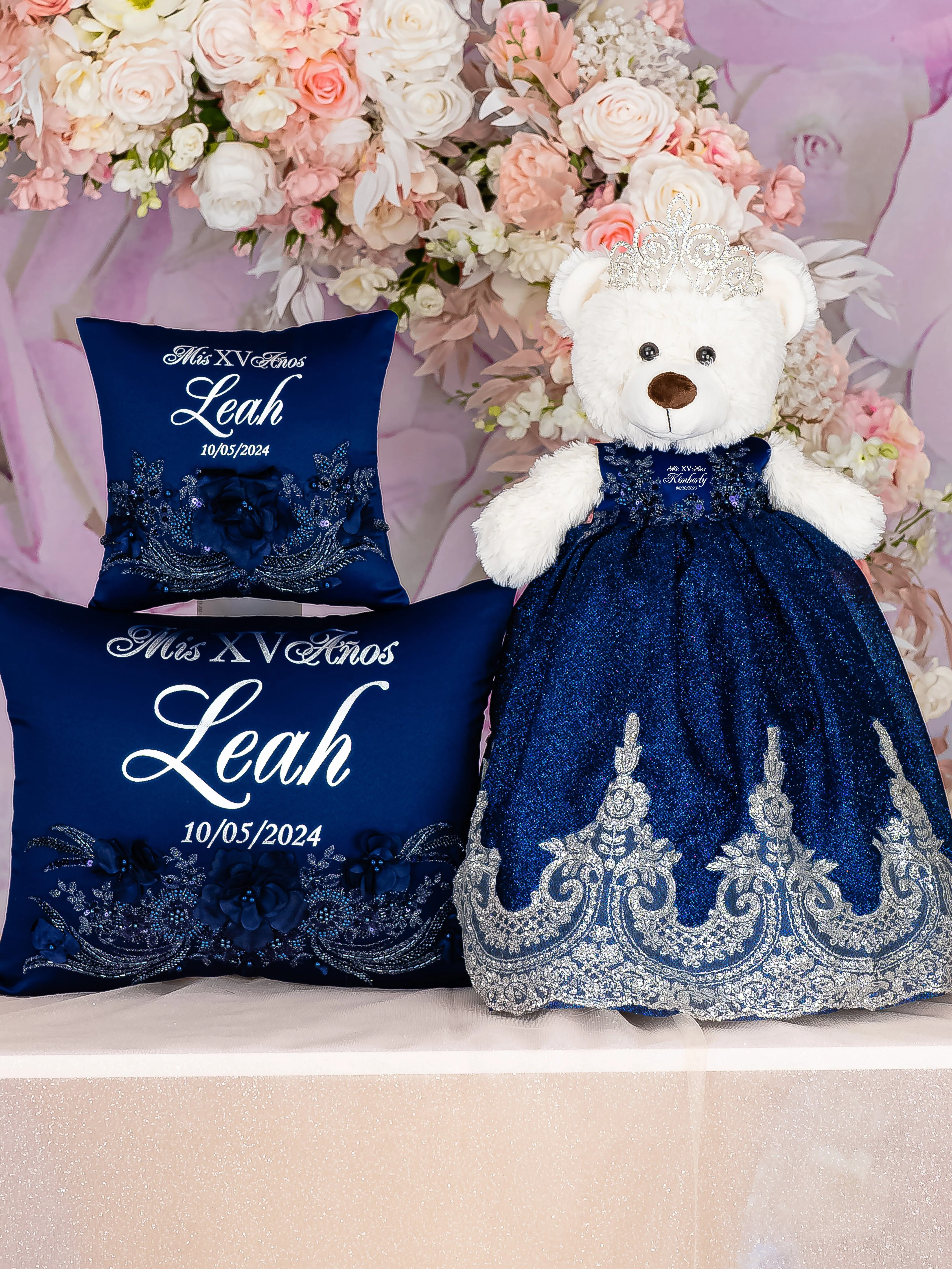 Navy Blue with silver Quinceanera pillows set and teddy bear