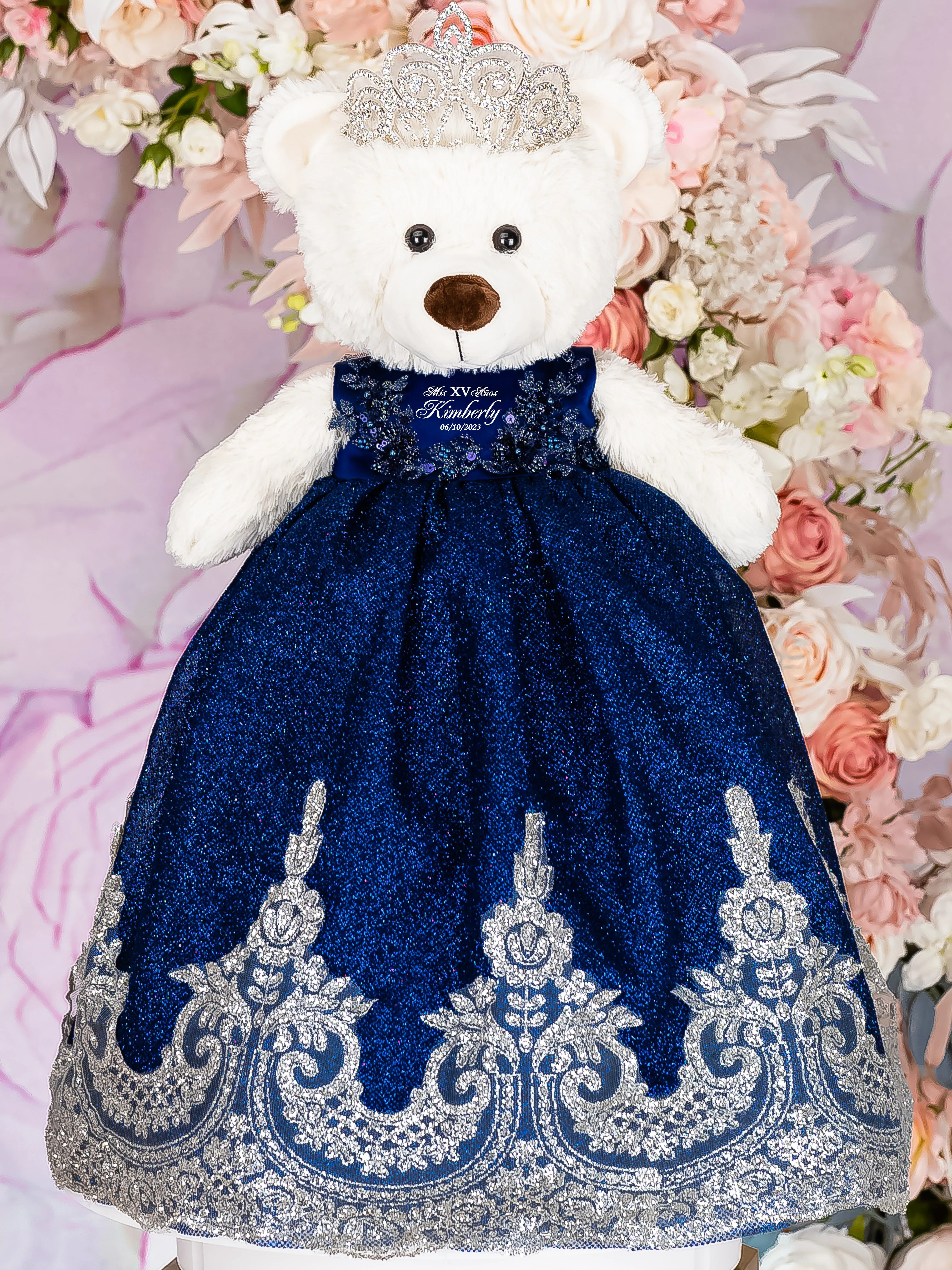 Navy Blue with silver Quinceanera pillows set and teddy bear