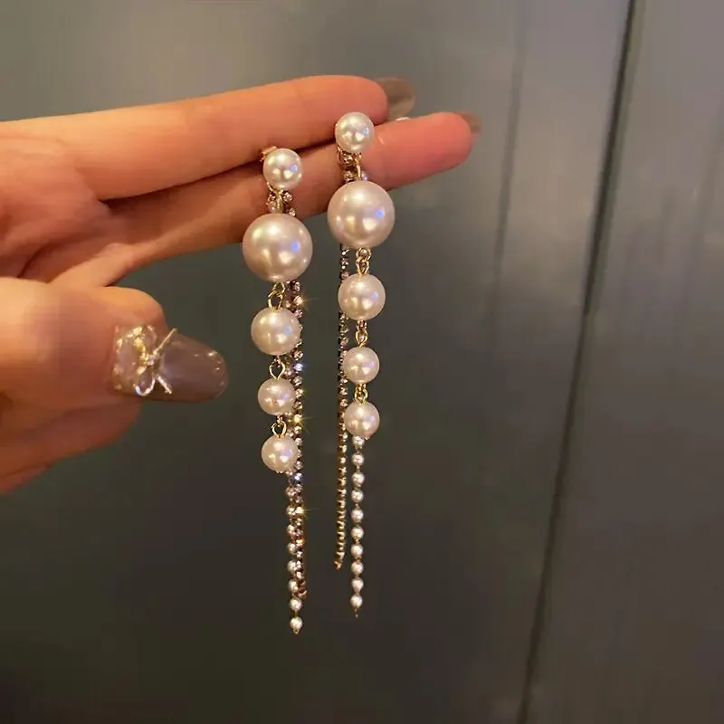 New Classic Elegant Imitation Pearl Dangle Earrings For Women Crystal Long Tassel Exquisite Drop Earring Wedding Jewelry