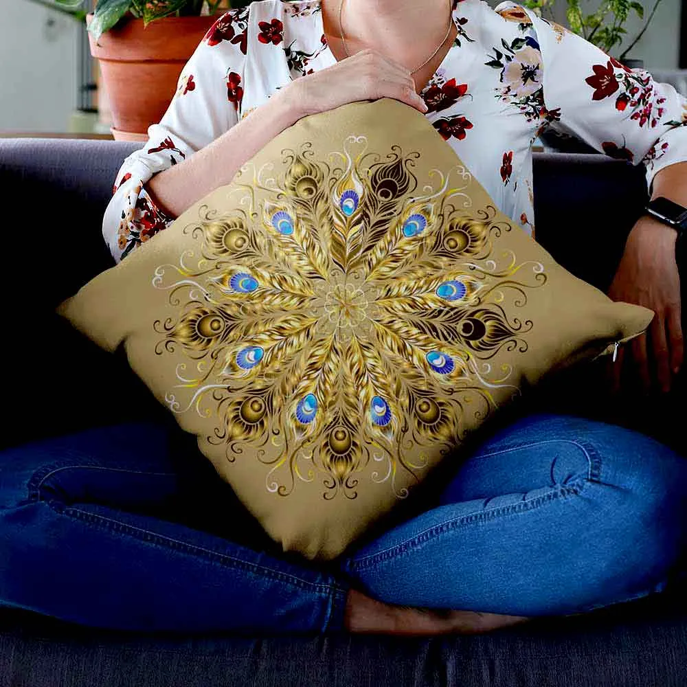 Peacock feather print cushion cover