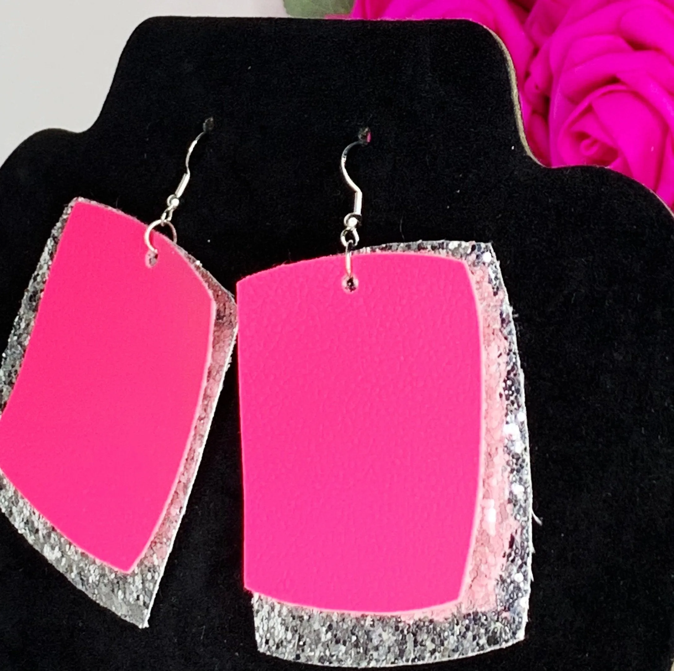 Pink & Silver Glitter Double Block Earrings