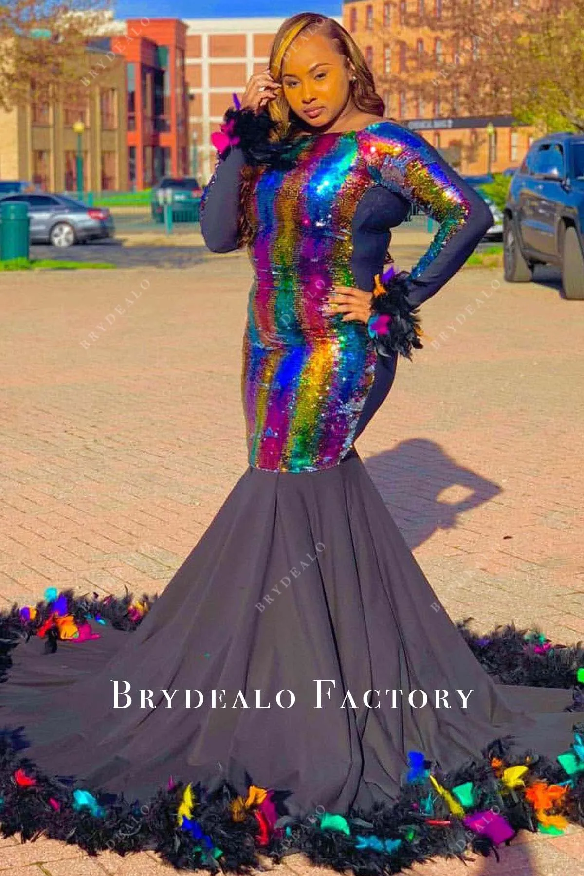 Plus Size Multicolored Feathrer Trumpet Prom Dress