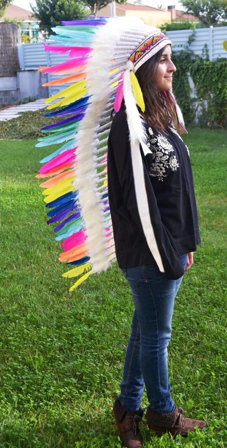 PRICE REDUCED E8-Extra Long Iris / Rainbow / colorful Chief Feather Headdress