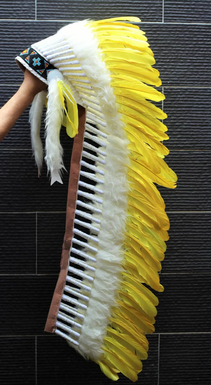 PRICE REDUCED Z28 : Extra Large Yellow Feather Headdress (43 inch long )