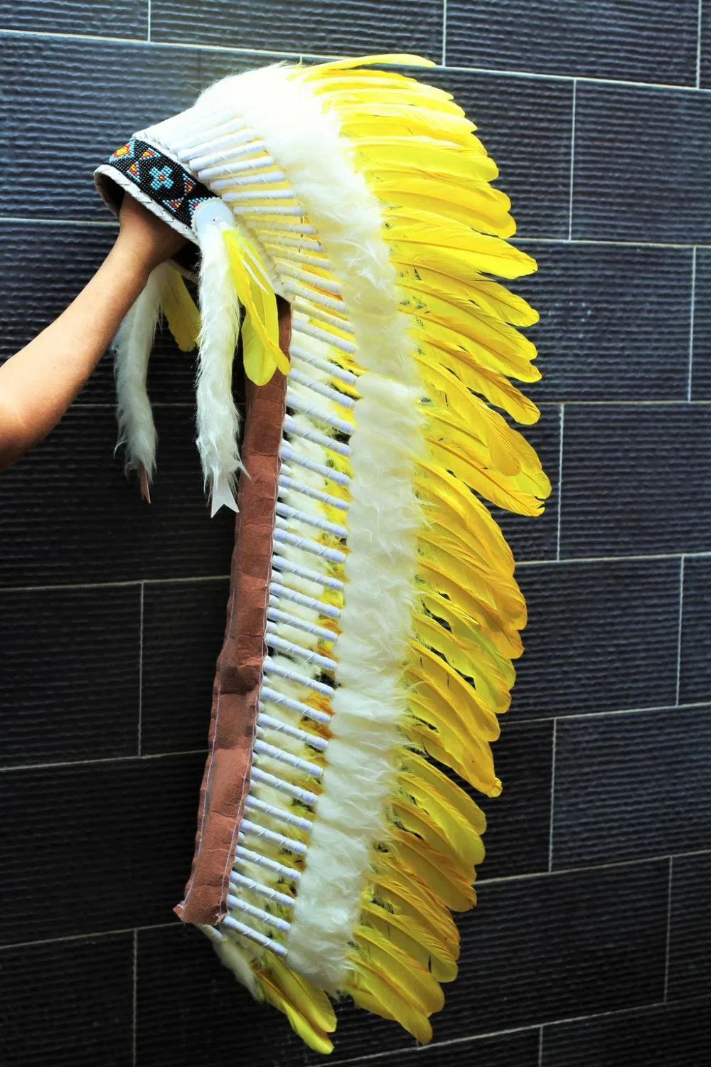 PRICE REDUCED Z28 : Extra Large Yellow Feather Headdress (43 inch long )