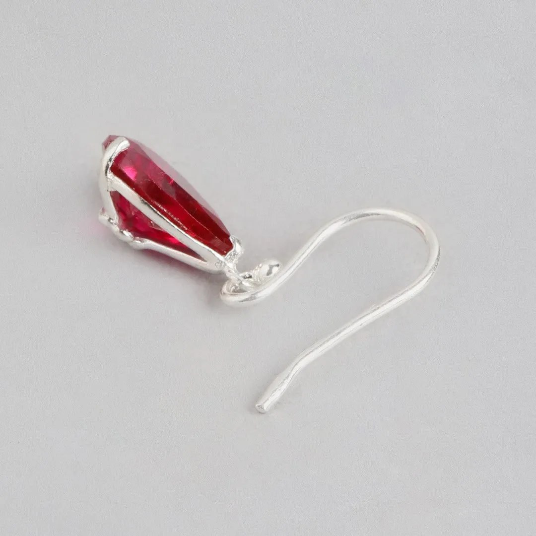 Red-CZ Drop Rhodium Plated 925 Sterling Silver Earring