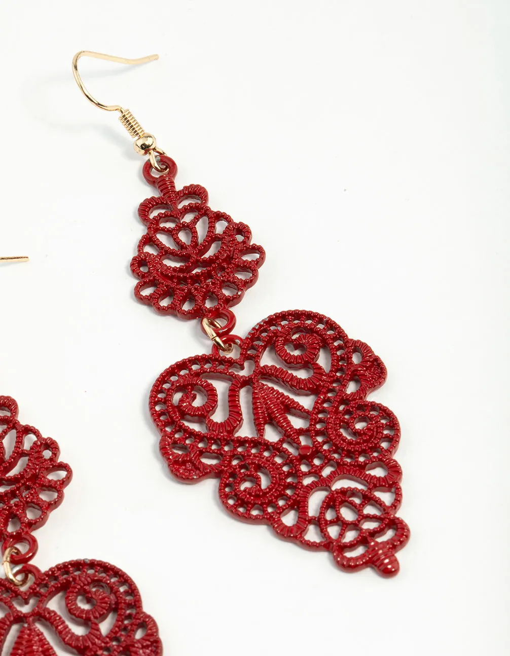 Red Filigree Leaf Earrings