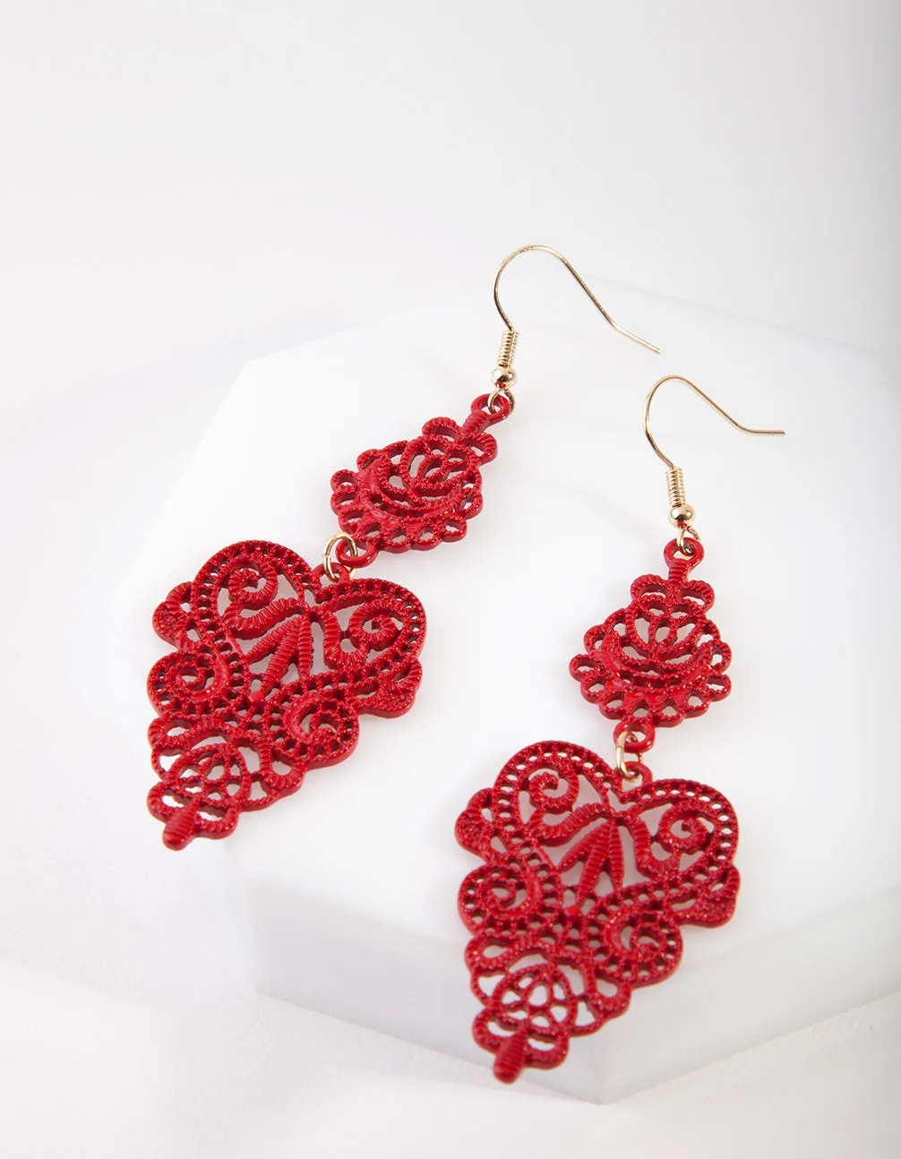 Red Filigree Leaf Earrings