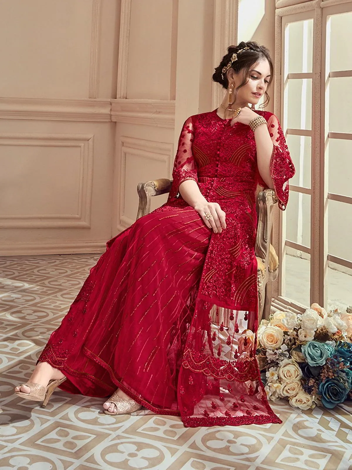 Red Rouge Thread Embroidered Designer Lehenga Suit