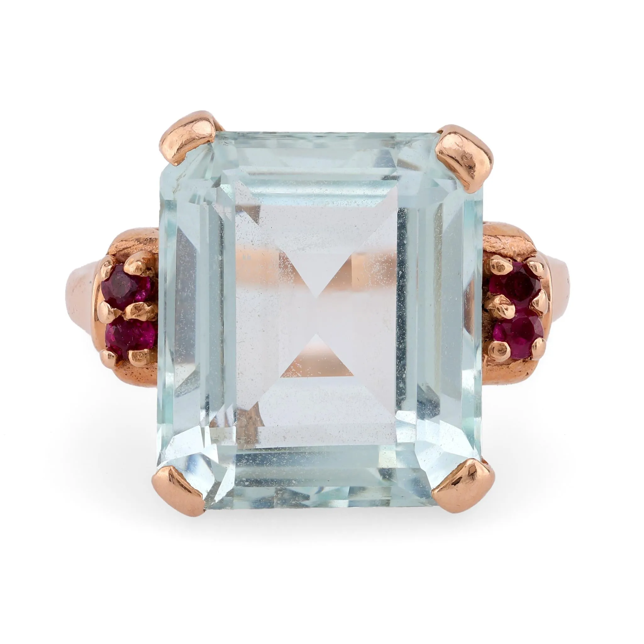 Retro Aquamarine Ruby 14K Rose Gold Cocktail Ring