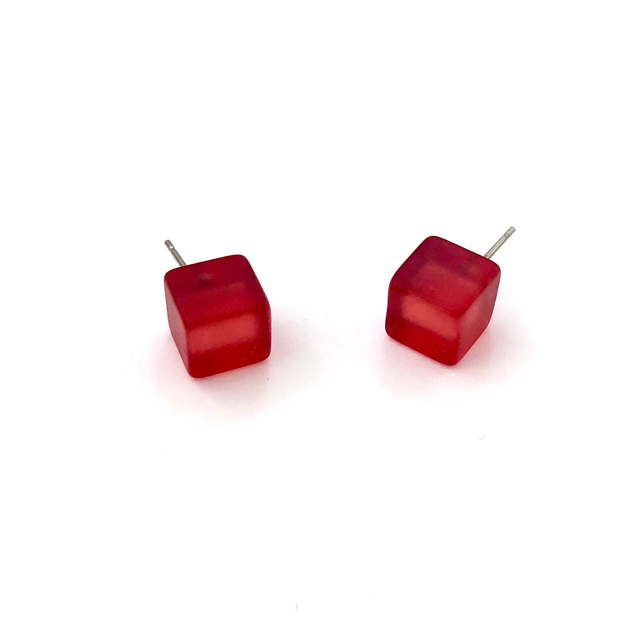 Ruby Red Frosted Midi Cube Stud Earrings