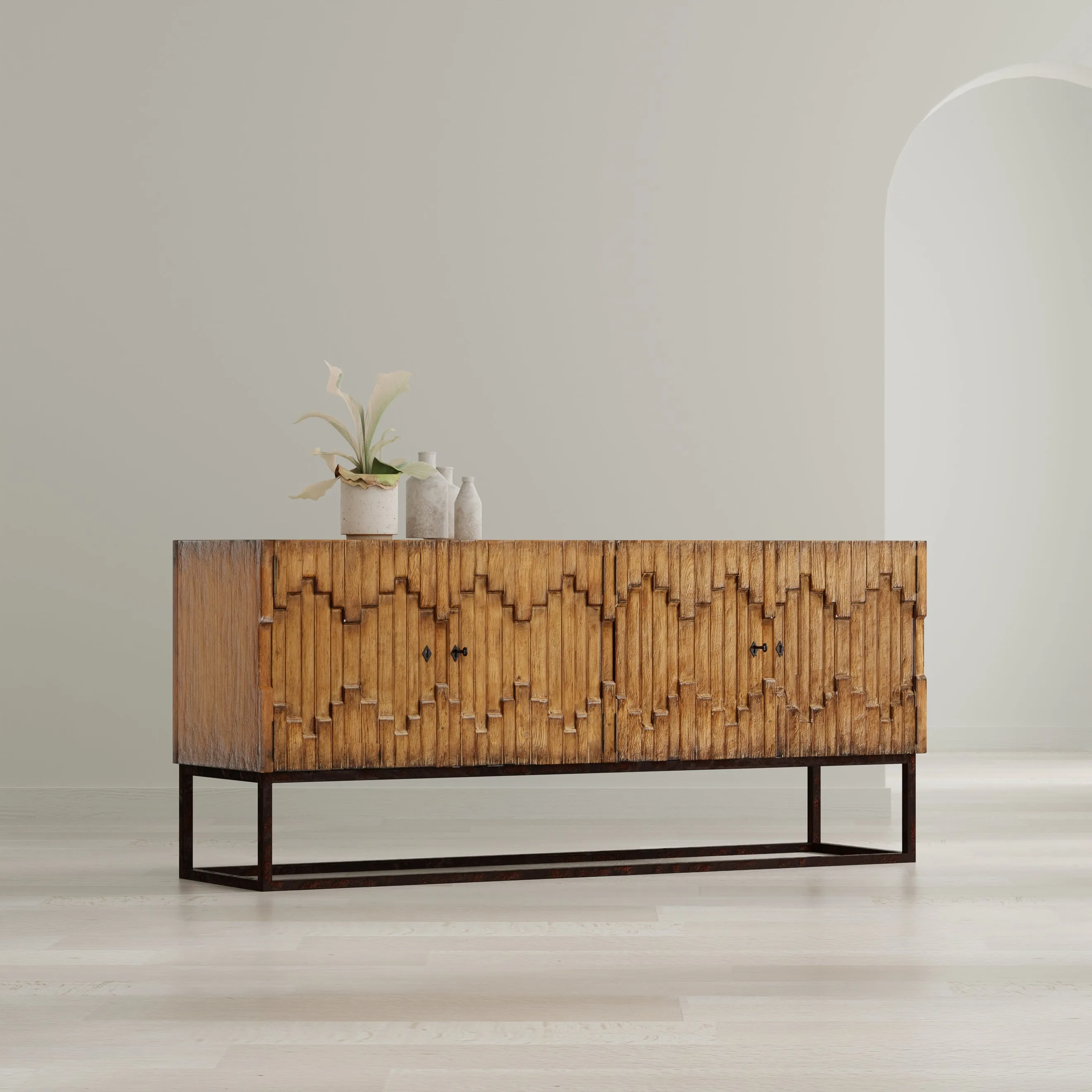 Sarreid - Aztec Sideboard On Stand  Brown - Brown - Eclectic