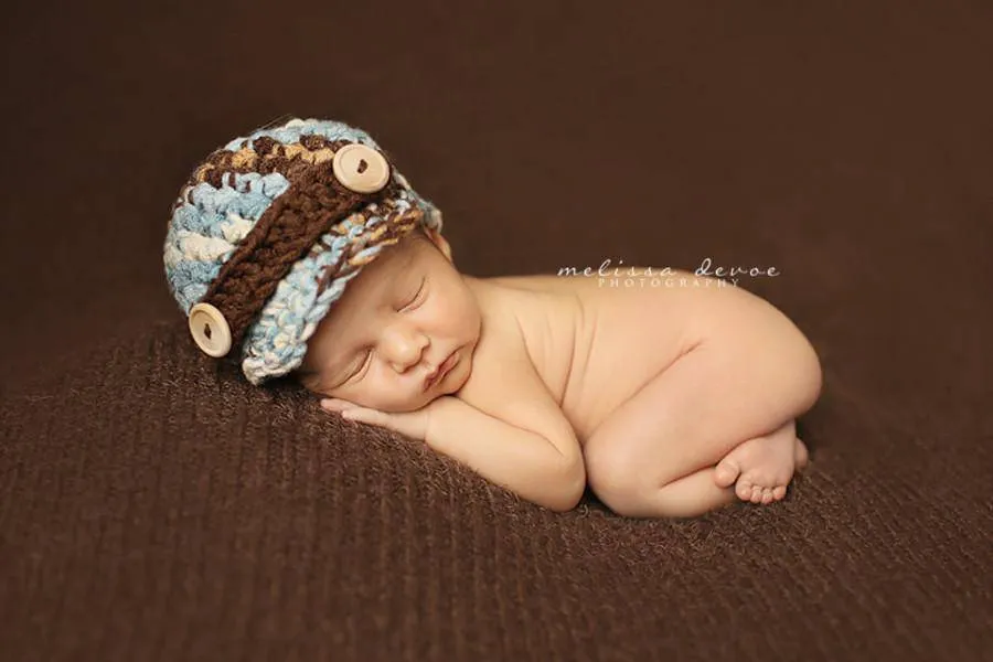 SET Blue Brown Newborn Newsboy Hat and Stretch Knit Wrap