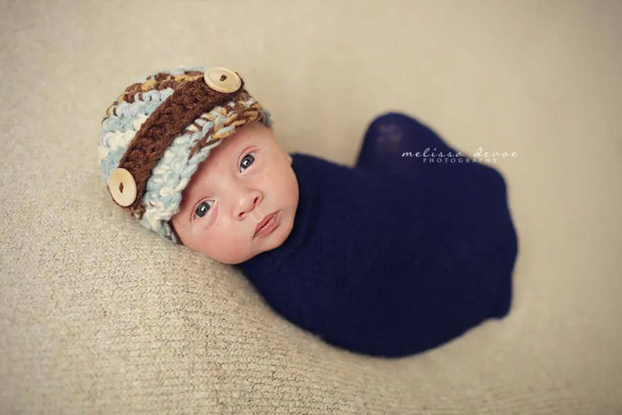 SET Blue Brown Newborn Newsboy Hat and Stretch Knit Wrap