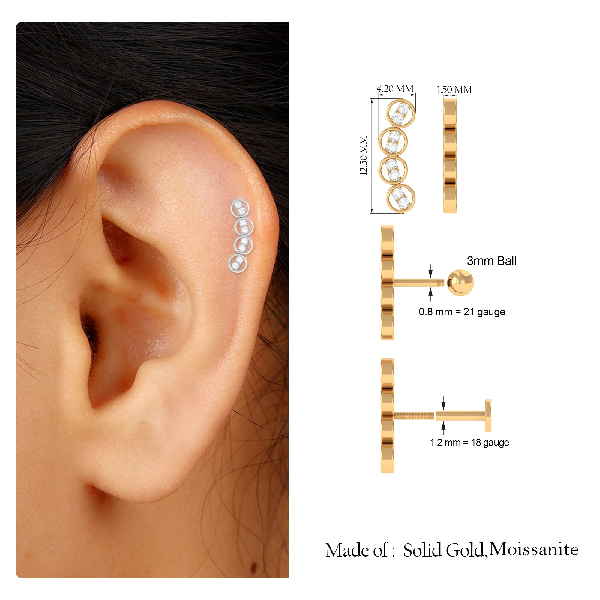 Simple Moissanite Gold Curved Helix Earring