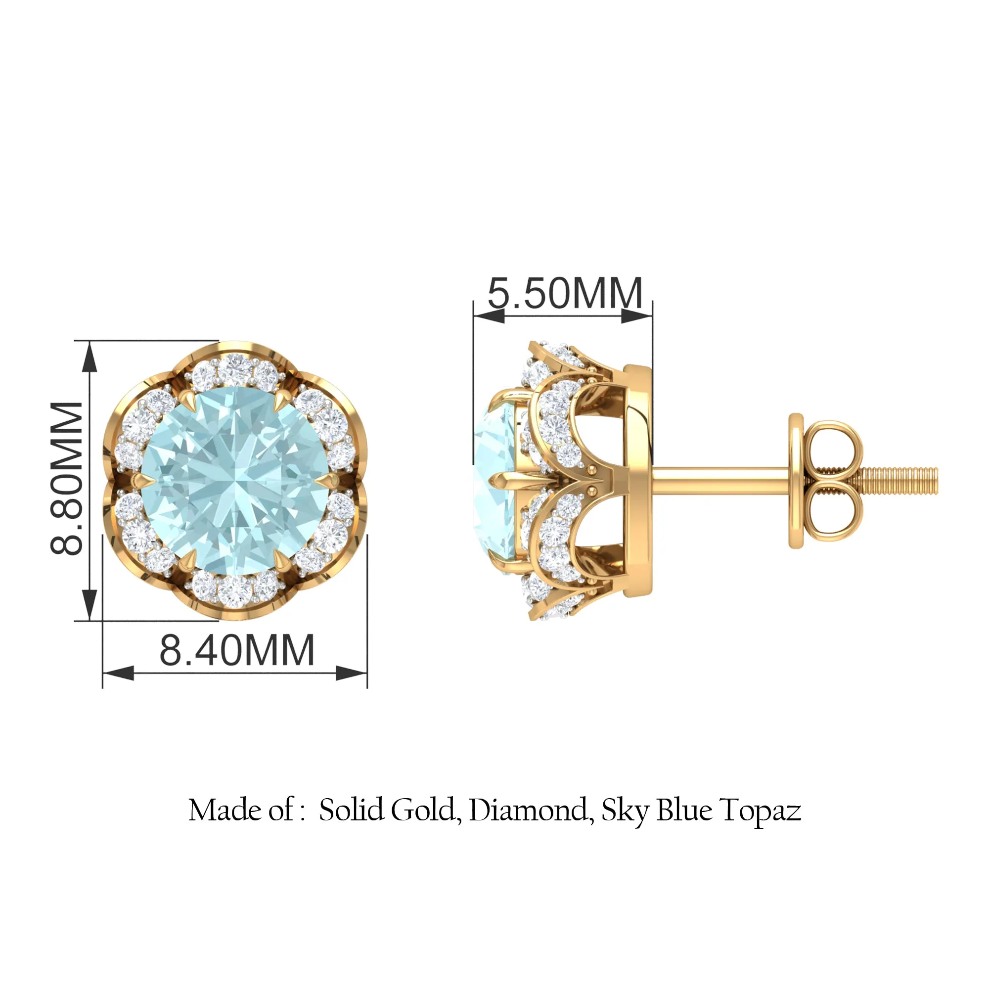 Sky Blue Topaz Flower Stud Earrings with Diamond