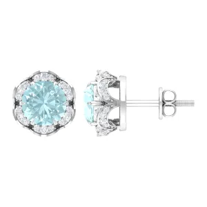 Sky Blue Topaz Flower Stud Earrings with Diamond