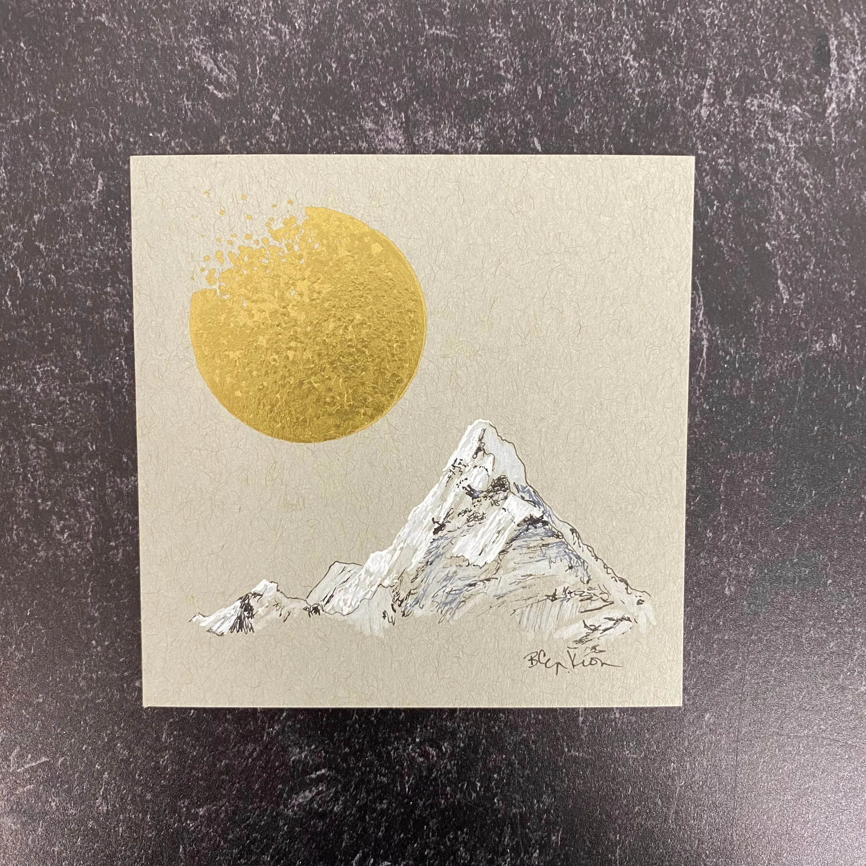 Snowy mountain peak with fading moon- Grey and Gold Collection #57 - Original drawing - 4"x4"