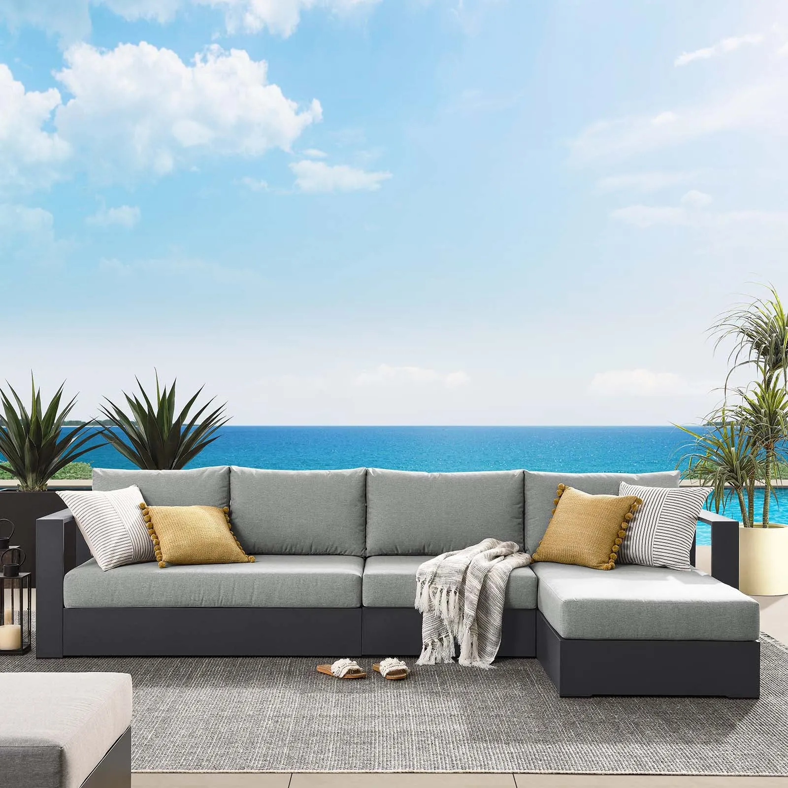 Tahoe Outdoor Patio Powder-Coated Aluminum 3-Piece Right-Facing Chaise Sectional Sofa Set