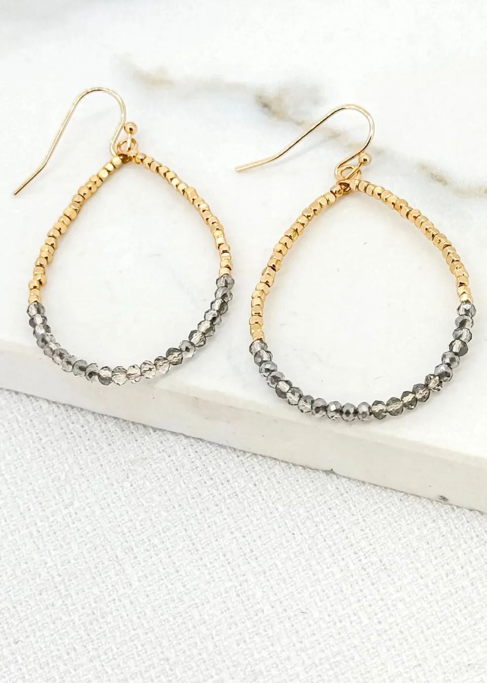 Teardrop  Beaded Earrings - Gold & Grey