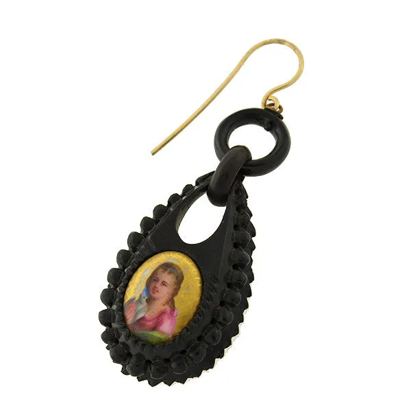 Victorian Carved Jet & Painted Portrait Earrings