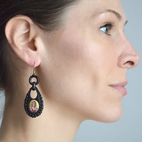 Victorian Carved Jet & Painted Portrait Earrings