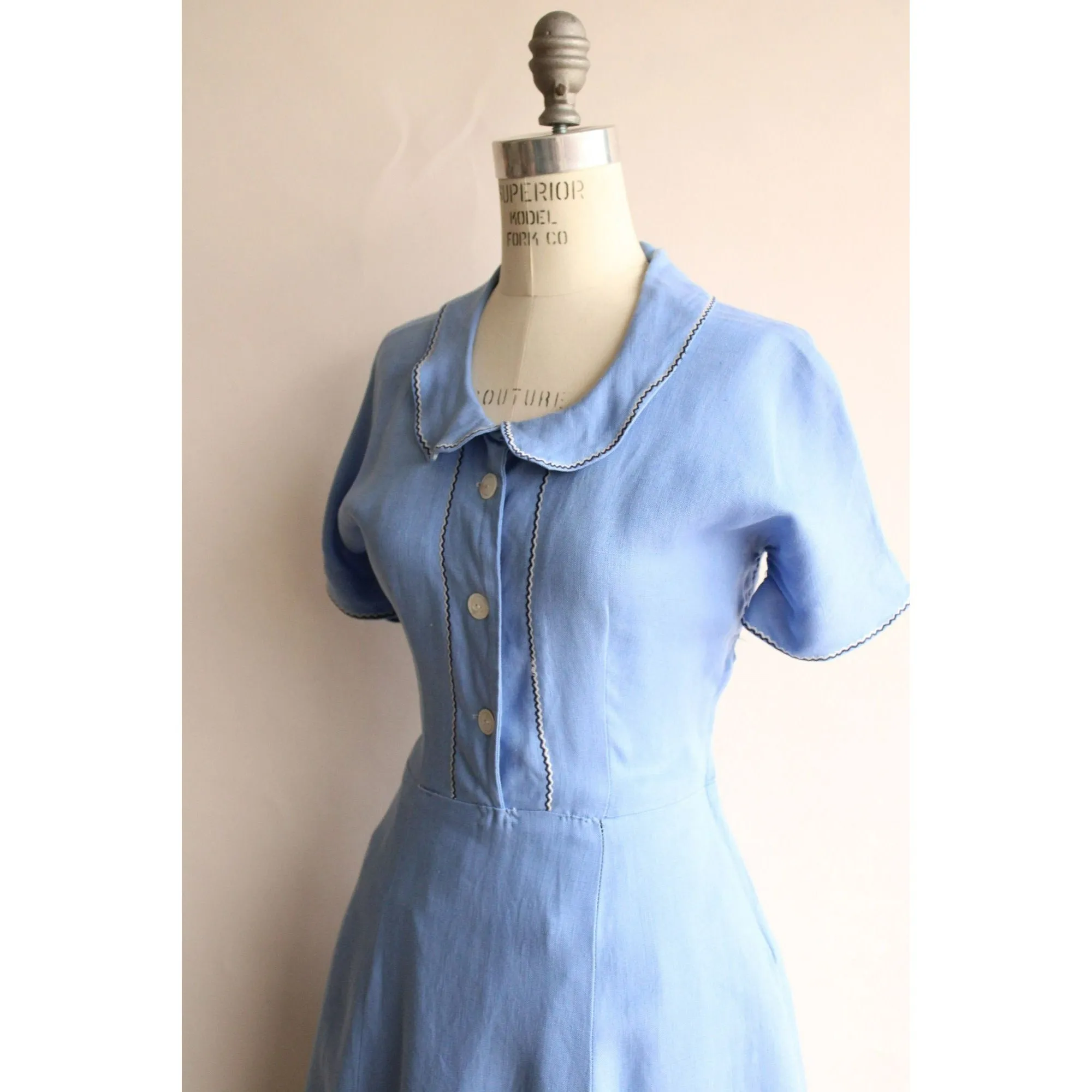 Vintage 1940s 1950s Sky Blue Linen Dress With Peter Pan Collar