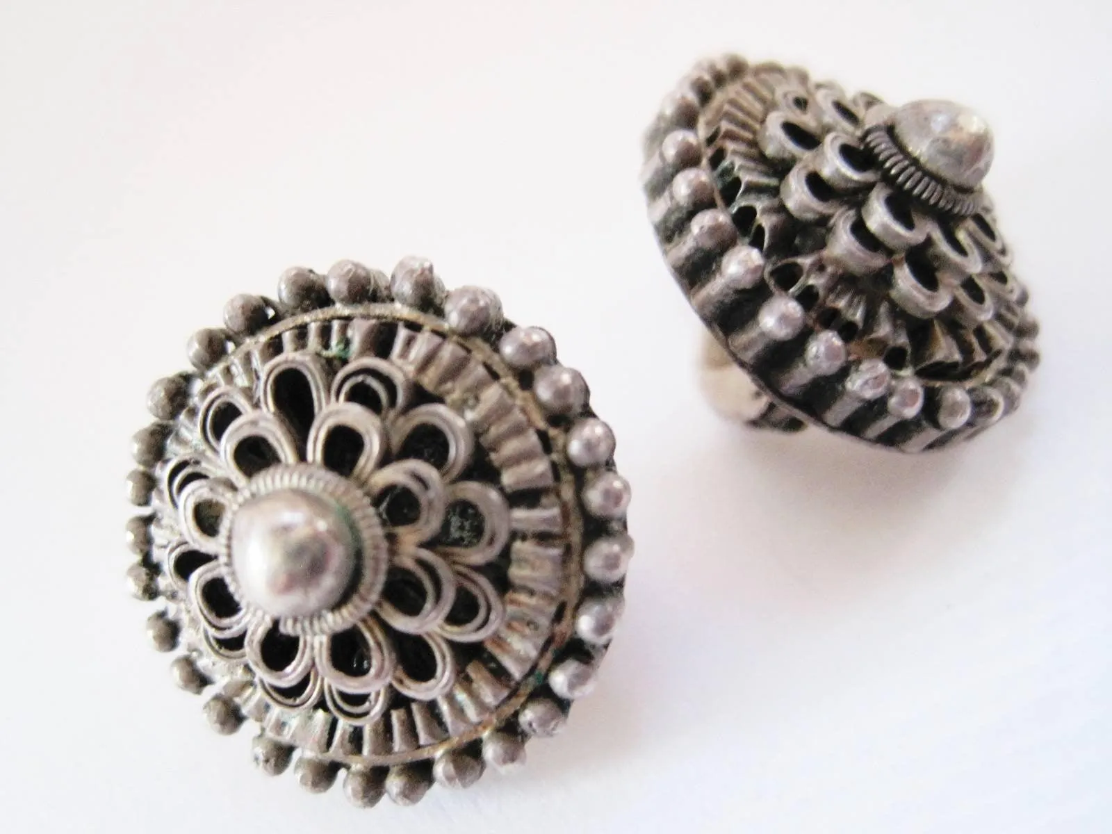 Vintage Silver Turkish Button Clip On Earrings