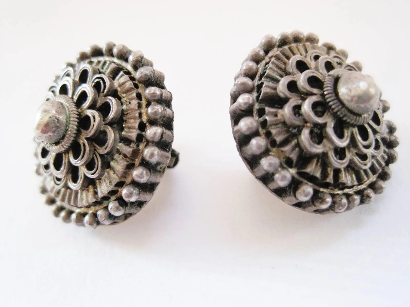 Vintage Silver Turkish Button Clip On Earrings