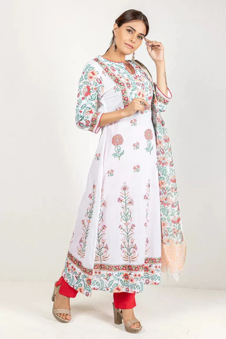 White and Peach Cotton  Kurta With Dupatta Set