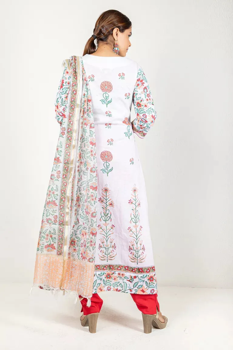 White and Peach Cotton  Kurta With Dupatta Set