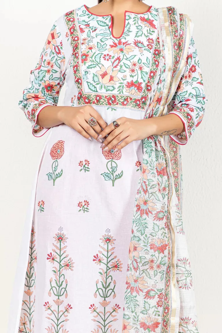 White and Peach Cotton  Kurta With Dupatta Set