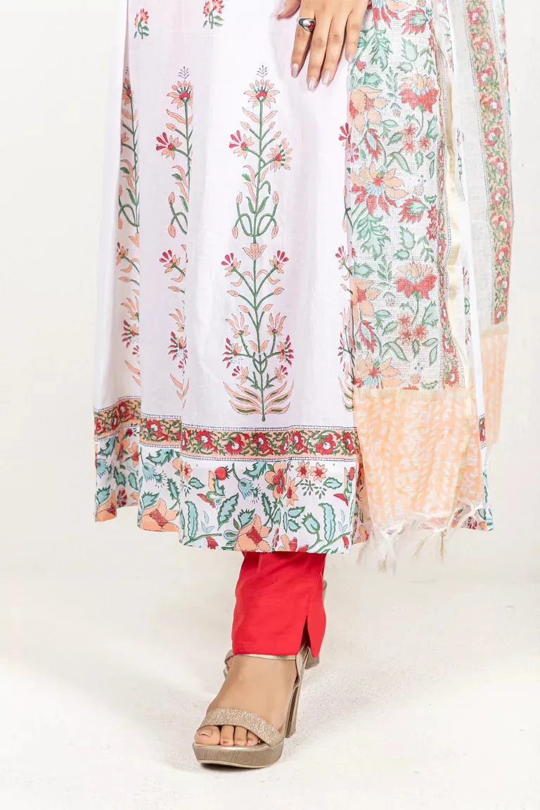 White and Peach Cotton  Kurta With Dupatta Set