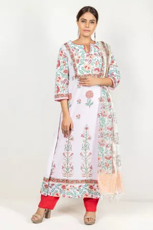 White and Peach Cotton  Kurta With Dupatta Set