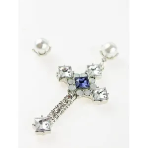 White Faux Pearl Diamante Cross Earring