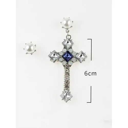 White Faux Pearl Diamante Cross Earring