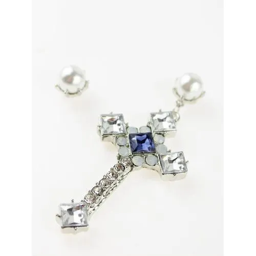 White Faux Pearl Diamante Cross Earring