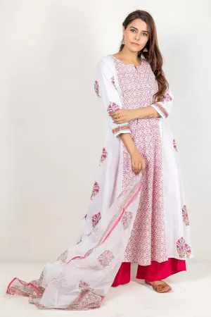 White, Pink, & Red Cotton Kurta With Dupatta Set