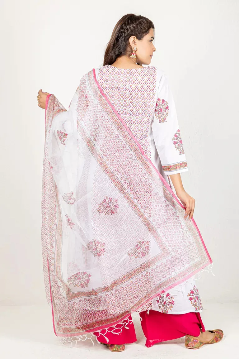 White, Pink, & Red Cotton Kurta With Dupatta Set