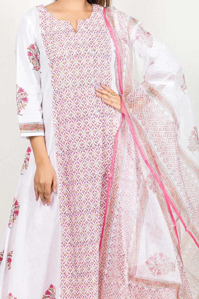 White, Pink, & Red Cotton Kurta With Dupatta Set