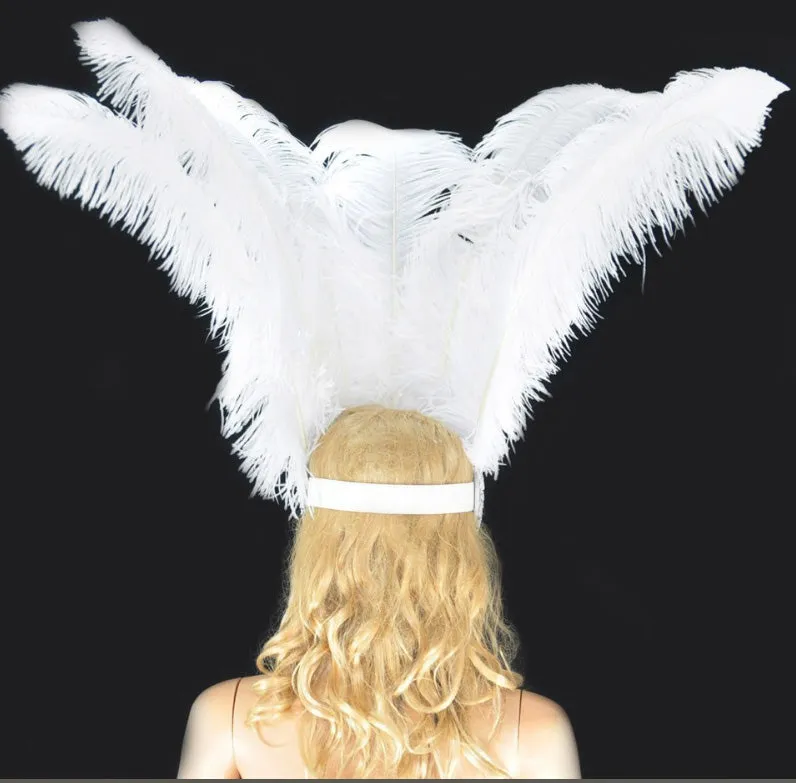 white Showgirl Open Face Ostrich feather Headdress