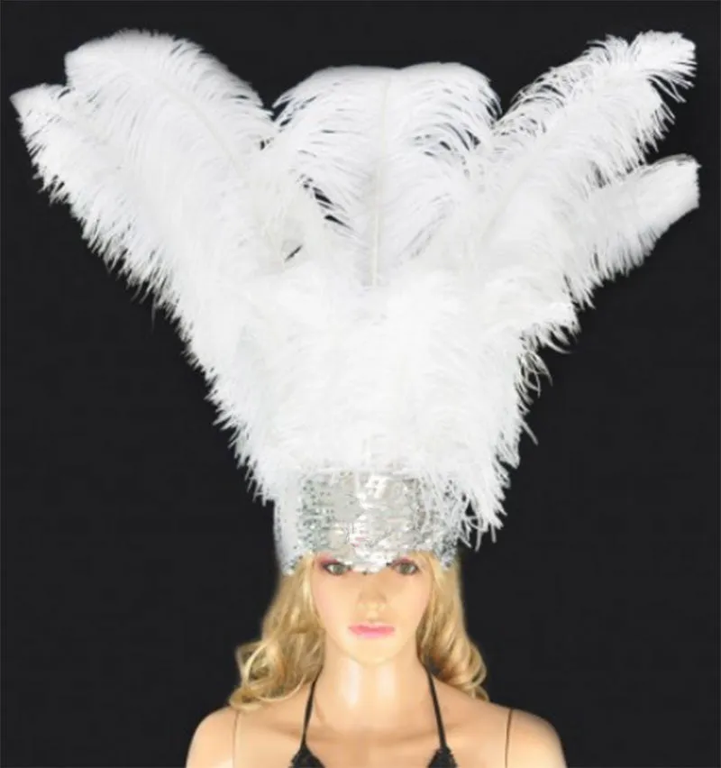 white Showgirl Open Face Ostrich feather Headdress