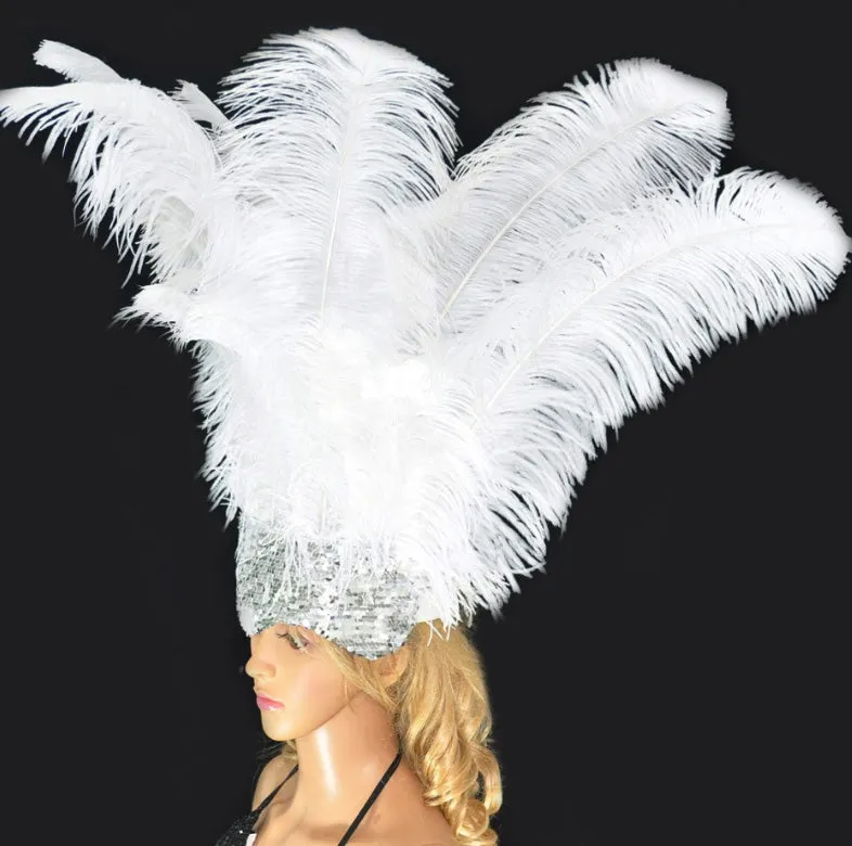 white Showgirl Open Face Ostrich feather Headdress