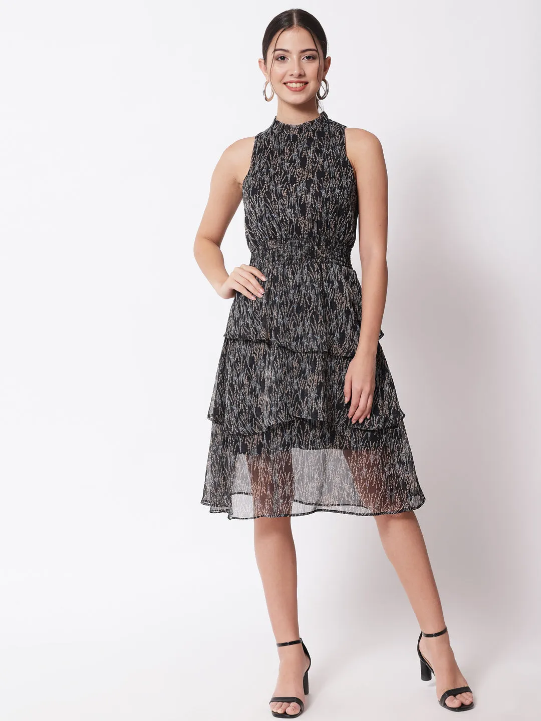 Women Black Printed Georgette Fit & Flare Dress