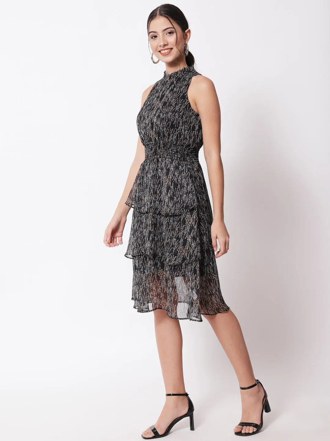 Women Black Printed Georgette Fit & Flare Dress