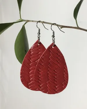 Womens Braided Earrings, Leather Teardrop Earrings, Hook & Loop, Solid Red or Tan