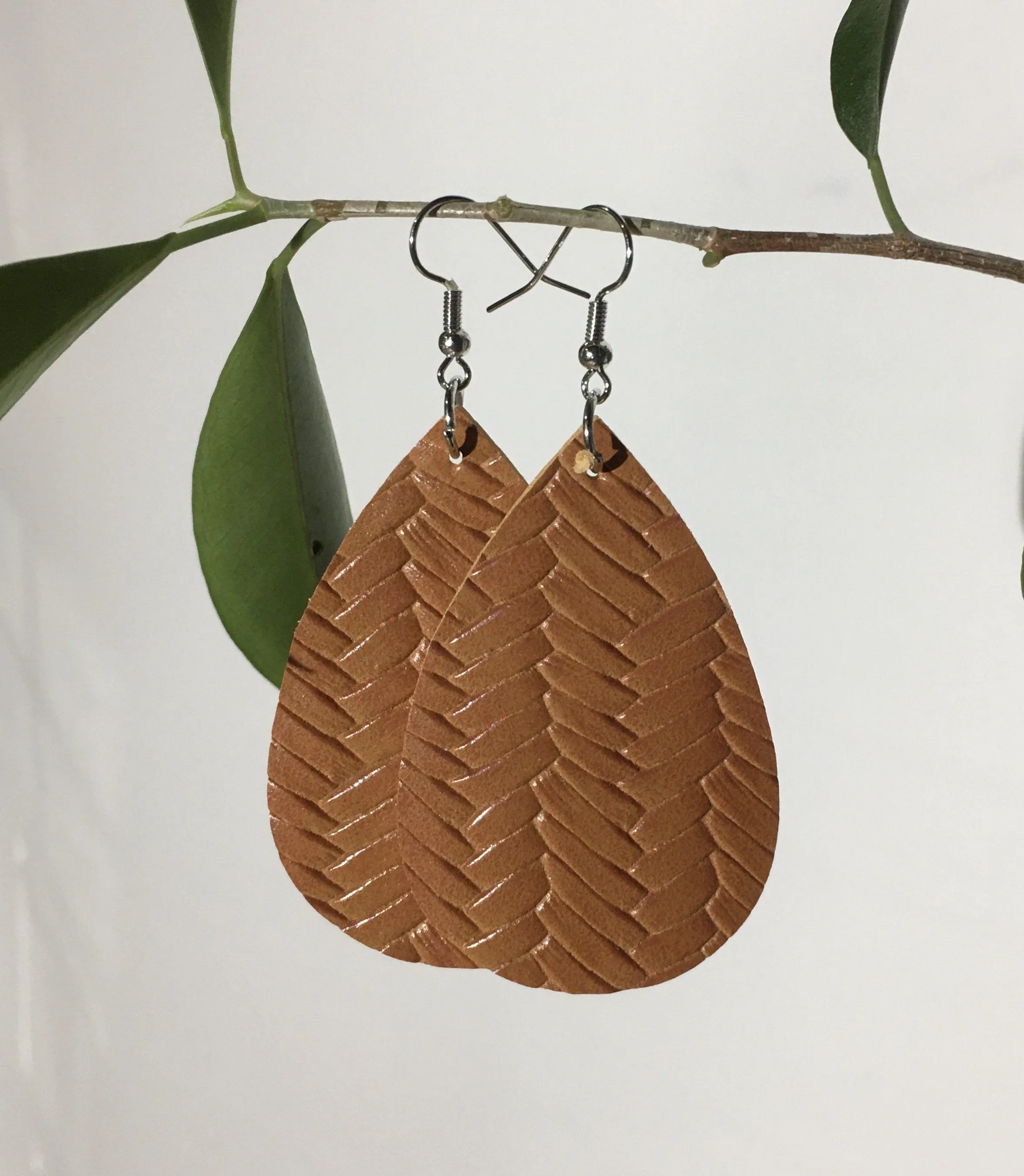 Womens Braided Earrings, Leather Teardrop Earrings, Hook & Loop, Solid Red or Tan