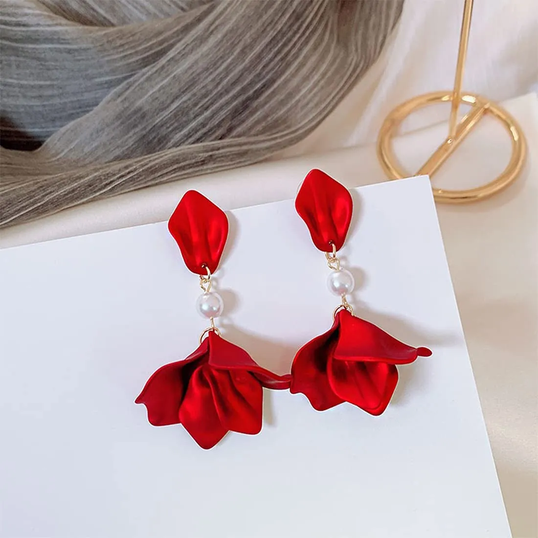 Yellow Chimes Floral Earrings for Women Gold Plated Metallic Red Colour Floral Petals Pearl Drop Earrings for Women and Girls