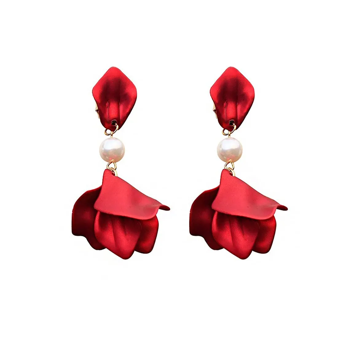 Yellow Chimes Floral Earrings for Women Gold Plated Metallic Red Colour Floral Petals Pearl Drop Earrings for Women and Girls